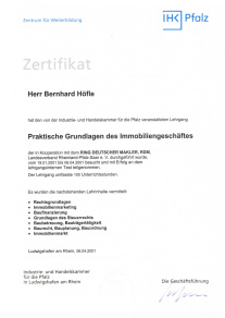 IHK Zertifikat Bernhard Höfle